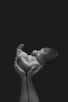 Balck and white picture, newborn baby cradled in hands